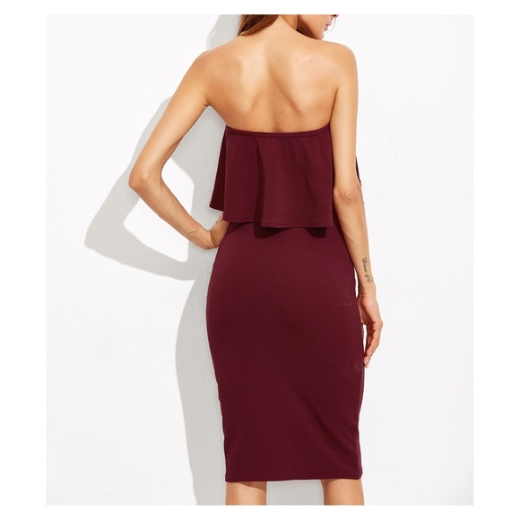 Burgundy Red Strapless Flounce Pencil Midi Dress - Picture 4 of 5